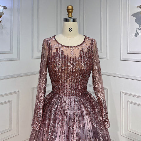 Vestidos de noche musulmanes rosas de corte A con mangas largas, vestidos árabes de lujo con cuentas 2025 para mujeres, bodas y fiestas LA70552A 