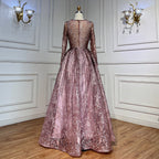 Pink Muslim A Line Long Sleeves Evening Dresses Arabic Luxury Beaded Gowns 2025 For Women Wedding Party LA70552A