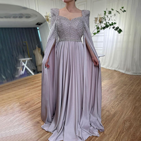 Vestido de noche musulmán elegante de sirena rosa con mangas tipo capa y borlas y cuentas 2025 para mujer, para fiesta de boda LA72159 