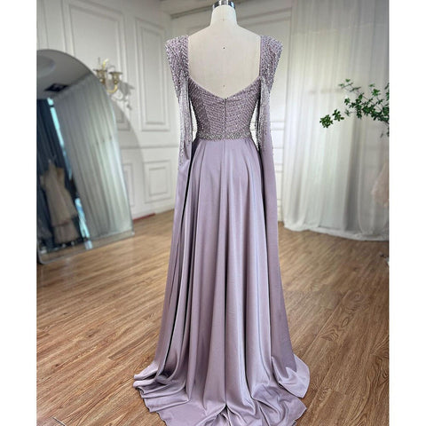 Vestido de noche musulmán elegante de sirena rosa con mangas tipo capa y borlas y cuentas 2025 para mujer, para fiesta de boda LA72159 