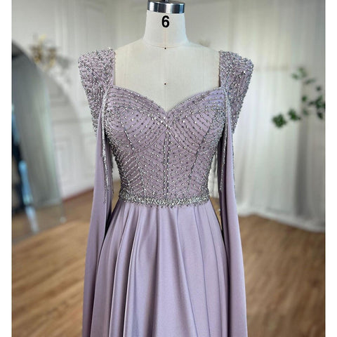 Vestido de noche musulmán elegante de sirena rosa con mangas tipo capa y borlas y cuentas 2025 para mujer, para fiesta de boda LA72159 