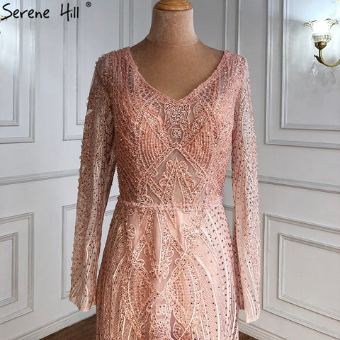 Vestidos de noche musulmanes de lujo en rosa, estilo sirena, con cuentas, elegantes, para mujer, para fiesta de boda, LA71182 