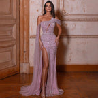 Pink One-Shoulder Cape Sleeve Evening Dresses Gowns 2025 Luxury Mermaid Beaded Elegant For Women Party LA71589