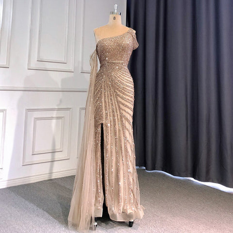 Vestido de noche rosa de un solo hombro con mangas estilo capa, elegante, de lujo, estilo sirena con cuentas, para mujer, fiesta, LA71589 