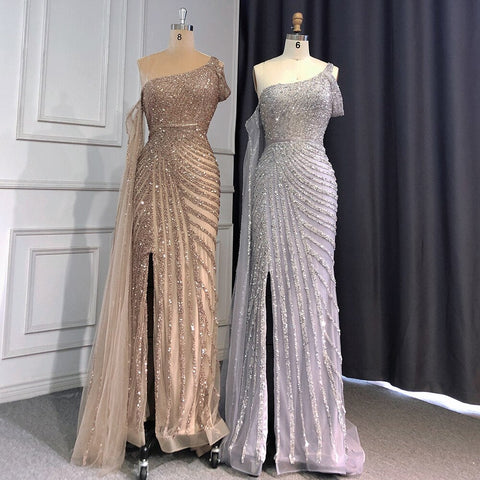 Vestido de noche rosa de un solo hombro con mangas estilo capa, elegante, de lujo, estilo sirena con cuentas, para mujer, fiesta, LA71589 