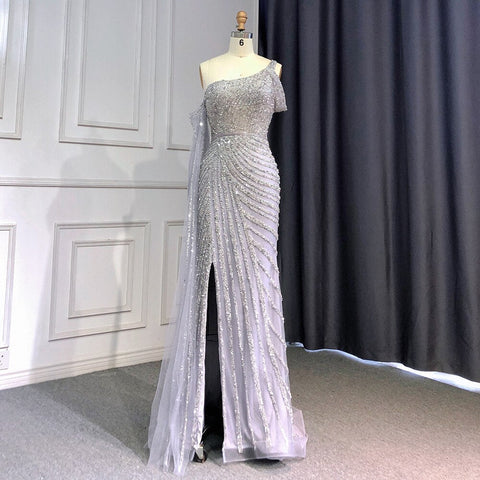 Vestido de noche rosa de un solo hombro con mangas estilo capa, elegante, de lujo, estilo sirena con cuentas, para mujer, fiesta, LA71589 