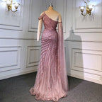 Pink One-Shoulder Cape Sleeve Evening Dresses Gowns 2025 Luxury Mermaid Beaded Elegant For Women Party LA71589