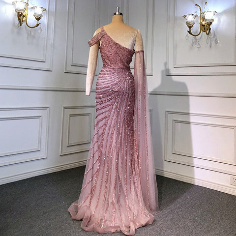 Vestido de noche rosa de un solo hombro con mangas estilo capa, elegante, de lujo, estilo sirena con cuentas, para mujer, fiesta, LA71589 