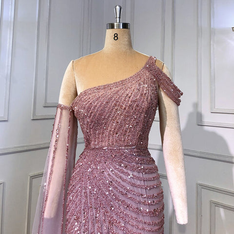 Vestido de noche rosa de un solo hombro con mangas estilo capa, elegante, de lujo, estilo sirena con cuentas, para mujer, fiesta, LA71589 