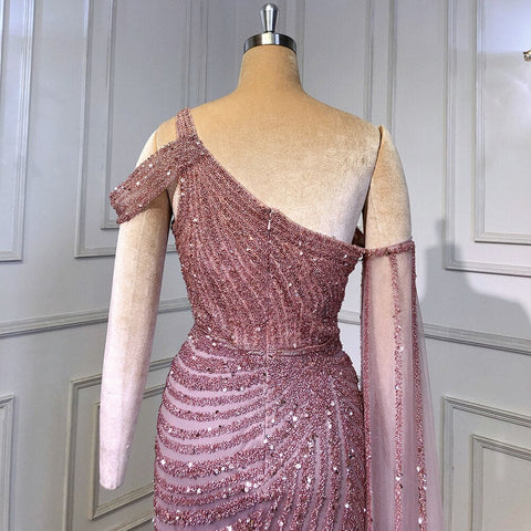 Vestido de noche rosa de un solo hombro con mangas estilo capa, elegante, de lujo, estilo sirena con cuentas, para mujer, fiesta, LA71589 