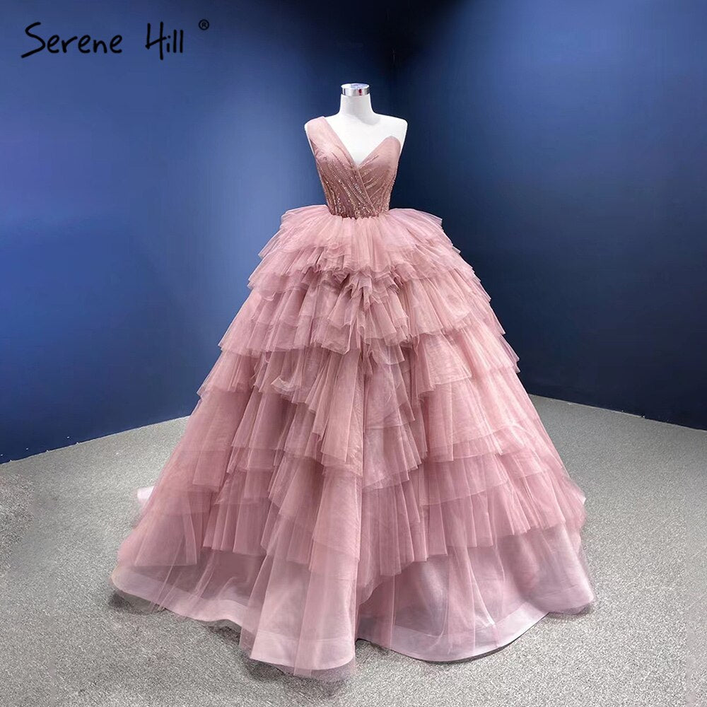 Pink One Shoulder Wedding Dresses 2025 Ruffles Beaded Sexy Bridal Gowns HM66934D Custom Made