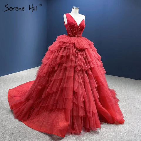 Vestidos de novia rosas de un solo hombro 2025 con volantes y cuentas, vestidos de novia sexys HM66934D, hechos a medida 