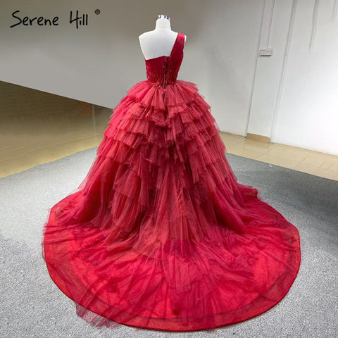 Vestidos de novia rosas de un solo hombro 2025 con volantes y cuentas, vestidos de novia sexys HM66934D, hechos a medida 