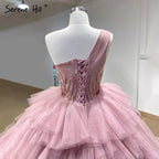 Pink One Shoulder Wedding Dresses 2025 Ruffles Beaded Sexy Bridal Gowns HM66934D Custom Made