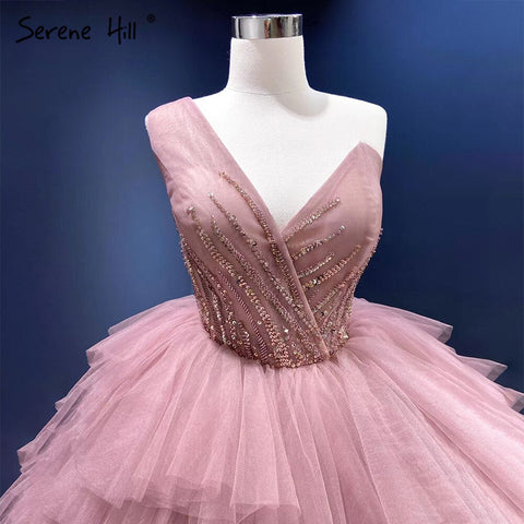 Vestidos de novia rosas de un solo hombro 2025 con volantes y cuentas, vestidos de novia sexys HM66934D, hechos a medida 