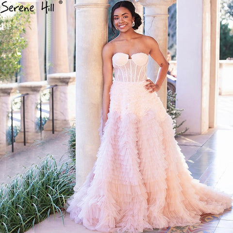 Vestidos de noche sexys con volantes rosas, corte A, escalonados, de alta gama, para mujer, fiesta, LA71221 