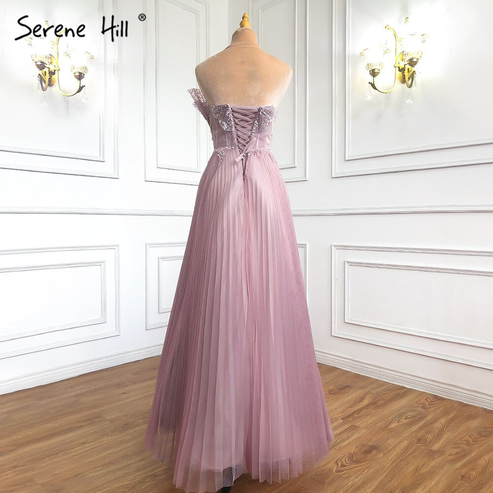 Pink Scalloped Pleats Arabic Evening Dresses Gowns 2025 Long A-line Formal For Women Wedding Party LA71271