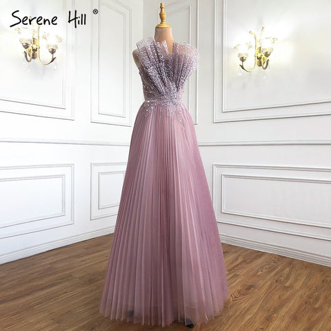 Vestidos de noche árabes con pliegues festoneados en rosa, 2025, corte A largo, formales para mujer, para boda o fiesta LA71271 