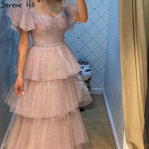 Vestidos de noche rosas sexys de lujo, corte A, brillantes, con capas, estilo princesa, para mujer, fiesta, LA70924 