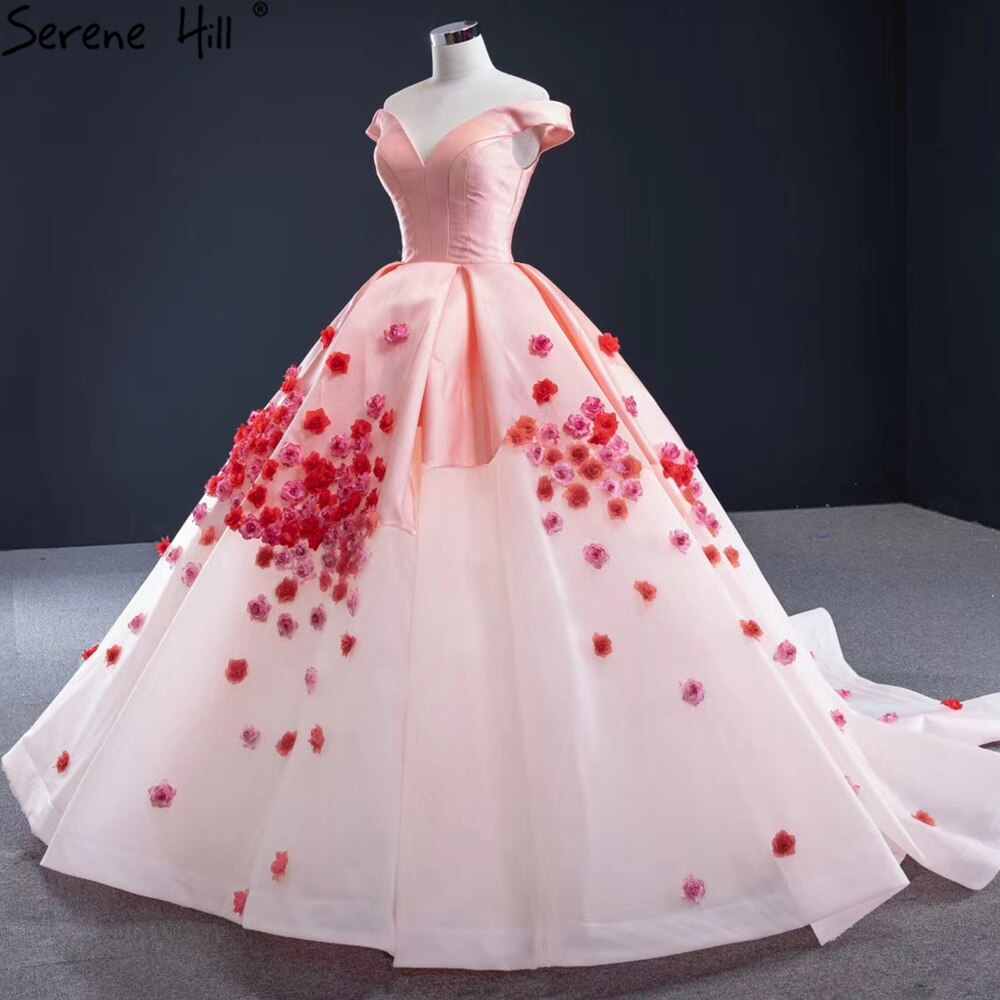 Pink Sweetheart Satin Wedding Dresses 2025 Handmade Flowers Lace Up Sexy Bridal Gown HM66752