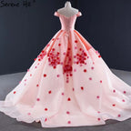 Pink Sweetheart Satin Wedding Dresses 2025 Handmade Flowers Lace Up Sexy Bridal Gown HM66752