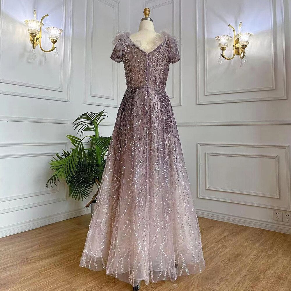 Purple A-Line Sexy V Neck Beaded Feather Arabic Evening Dresses Gowns 2025 For Women Elegant Party LA71805A