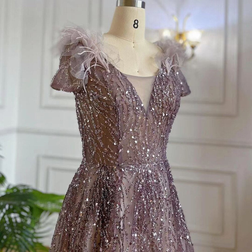Purple A-Line Sexy V Neck Beaded Feather Arabic Evening Dresses Gowns 2025 For Women Elegant Party LA71805A
