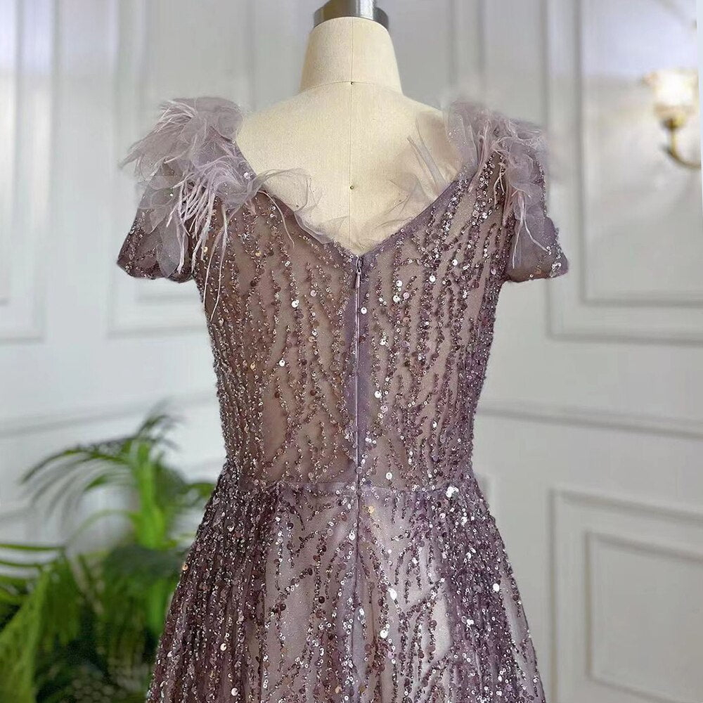 Purple A-Line Sexy V Neck Beaded Feather Arabic Evening Dresses Gowns 2025 For Women Elegant Party LA71805A