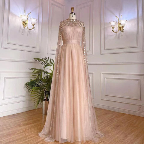 Vestido de noche morado árabe con escote en A, mangas largas, cuello alto, sexy, de lujo, con cuentas, para mujer, fiesta, LA71764 