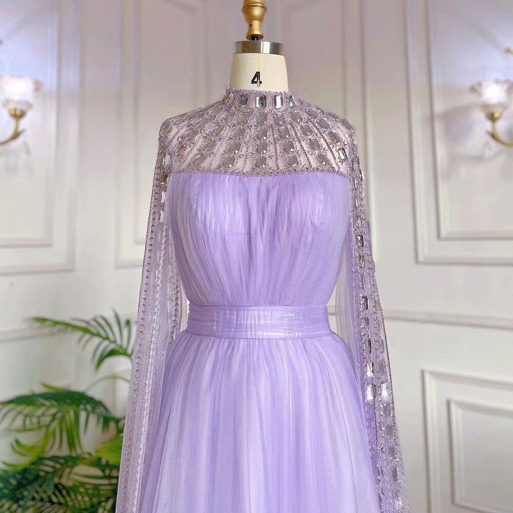 Purple Arabic A-Line Beaded Sexy Luxury Cape Sleeves High Neck Evening Dresses Gowns 2025 For Women Party LA71764
