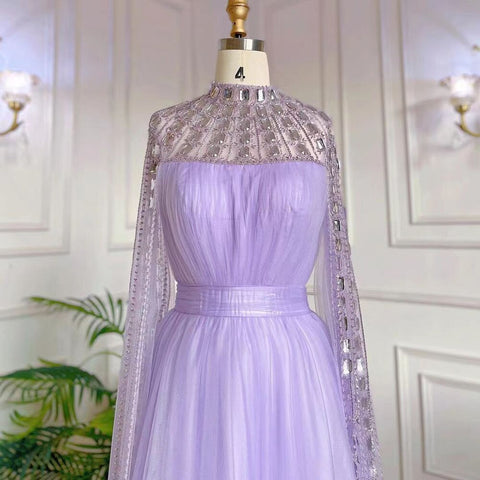 Vestido de noche morado árabe con escote en A, mangas largas, cuello alto, sexy, de lujo, con cuentas, para mujer, fiesta, LA71764 