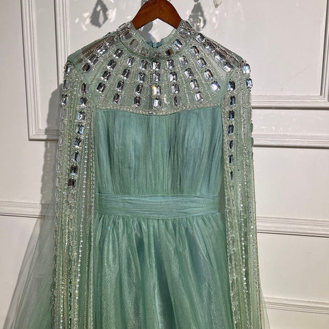 Vestido de noche morado árabe con escote en A, mangas largas, cuello alto, sexy, de lujo, con cuentas, para mujer, fiesta, LA71764 