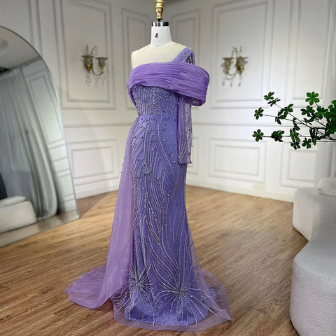 Vestido de noche árabe morado con cola lateral y perlas, un hombro, para mujer, para fiesta formal de graduación, boda, 2025 LA72332A 