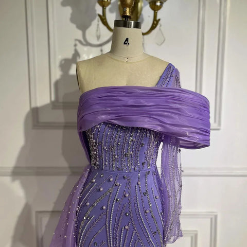 Vestido de noche árabe morado con cola lateral y perlas, un hombro, para mujer, para fiesta formal de graduación, boda, 2025 LA72332A 