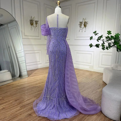 Vestido de noche árabe morado con cola lateral y perlas, un hombro, para mujer, para fiesta formal de graduación, boda, 2025 LA72332A 