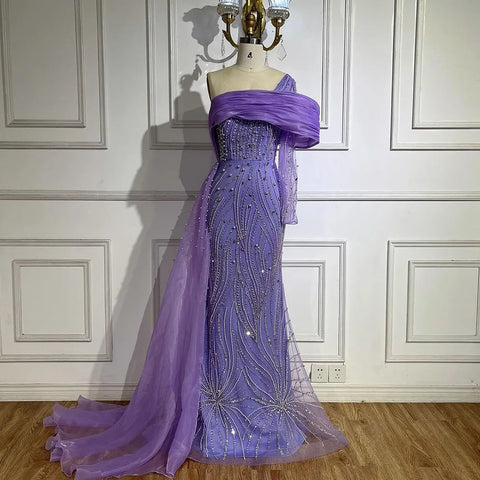 Vestido de noche árabe morado con cola lateral y perlas, un hombro, para mujer, para fiesta formal de graduación, boda, 2025 LA72332A 