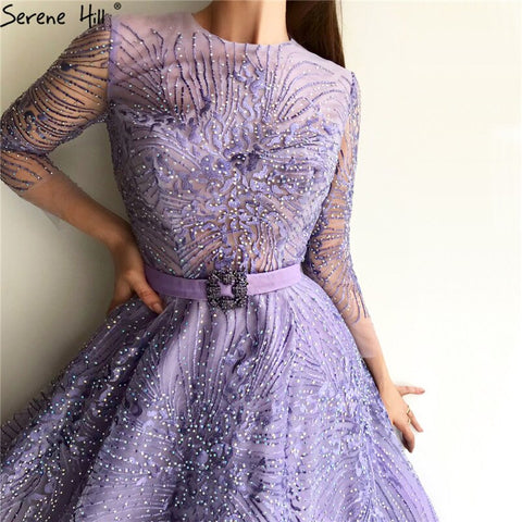 Vestidos de noche morados con fajas y cuentas, corte A, mangas largas, elegantes y de lujo para mujer, para fiestas, LA70138 