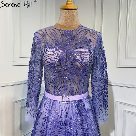 Vestidos de noche morados con fajas y cuentas, corte A, mangas largas, elegantes y de lujo para mujer, para fiestas, LA70138 