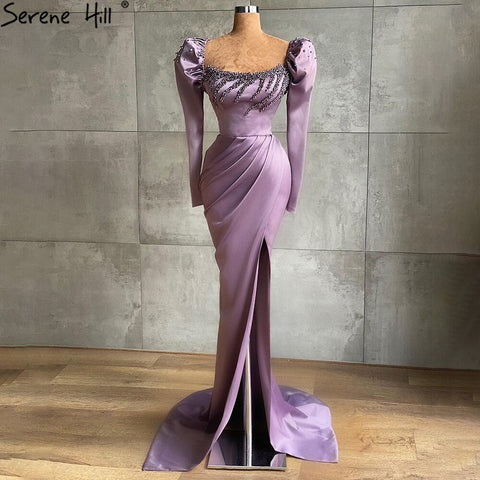 Vestido de noche morado de corte sirena con abertura alta, elegante, de satén con cuentas, para mujer, para fiesta, LA71090 