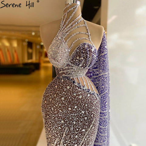 Elegante vestido de noche morado de sirena, con mangas abullonadas y cuentas, para mujer, para fiesta, LA71242 