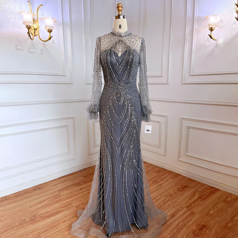 Purple Mermaid Elegant High Neck Evening Dresses Gowns 2025 Long Sleeves Beaded Luxury For Women Party LA71690
