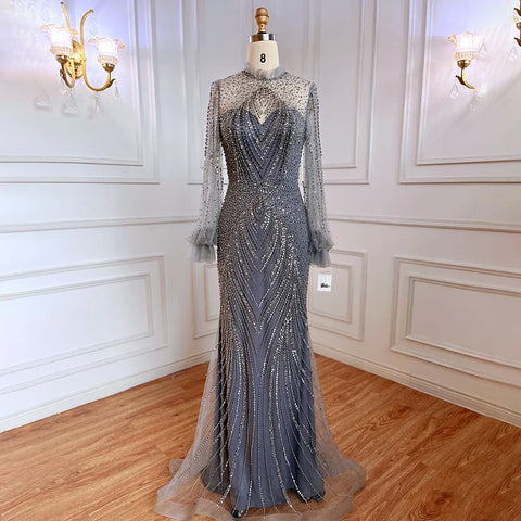 Vestido de noche elegante de sirena morado con cuello alto, mangas largas y cuentas, de lujo, para mujer, fiesta, LA71690 