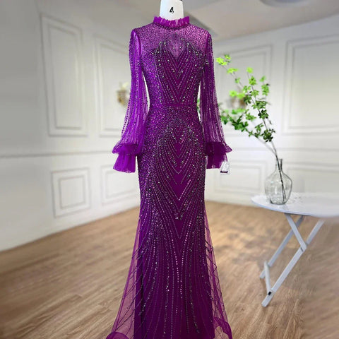 Vestido de noche elegante de sirena morado con cuello alto, mangas largas y cuentas, de lujo, para mujer, fiesta, LA71690 
