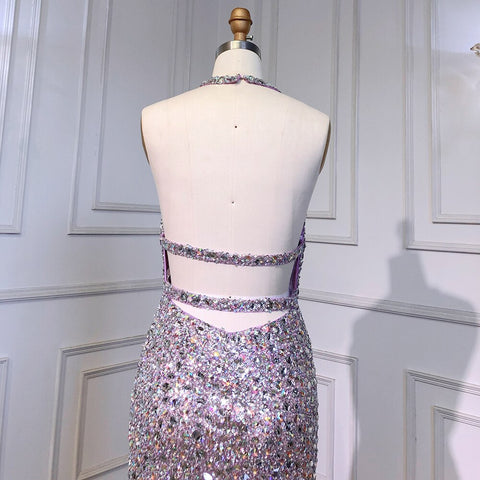 Vestido de noche elegante y sexy de sirena morada con tirantes finos, de lujo, con plumas y cuentas brillantes, para mujer 2025 LA71736 
