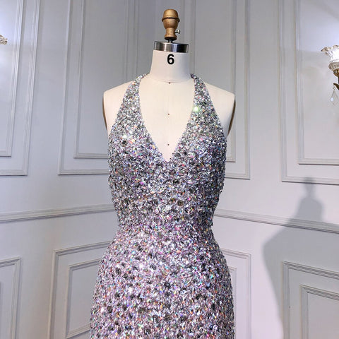 Vestido de noche elegante y sexy de sirena morada con tirantes finos, de lujo, con plumas y cuentas brillantes, para mujer 2025 LA71736 