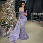 Purple Mermaid Elegant With Overskirt Luxury Pearls Beaded Evening Dresses Gowns for Women Wedding Party LA72429