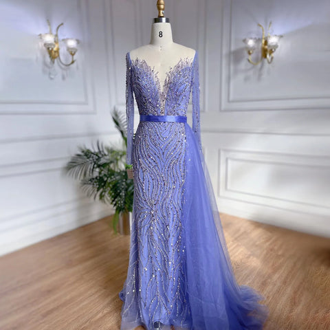 Elegante vestido de noche morado de sirena con falda de encaje y cuentas, ideal para bodas 2025 LA71752 