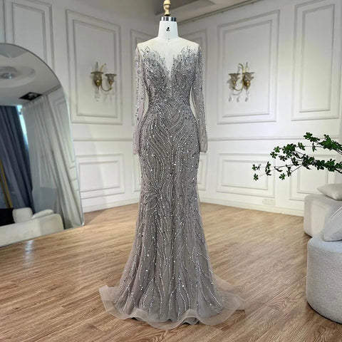 Elegante vestido de noche morado de sirena con falda de encaje y cuentas, ideal para bodas 2025 LA71752 