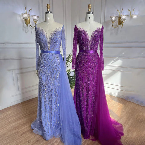 Elegante vestido de noche morado de sirena con falda de encaje y cuentas, ideal para bodas 2025 LA71752 