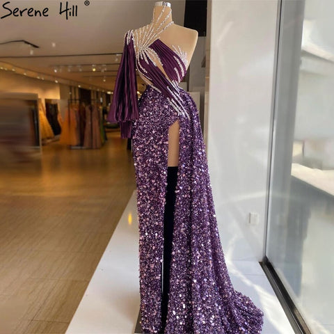 Vestido de noche morado de corte sirena con abertura alta, con cuentas y un hombro, sexy, para mujer, fiesta, LA71198 